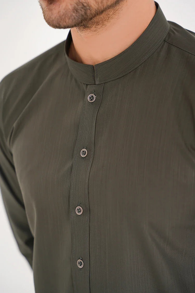 Picture of Olive Green Suit for Men Blended Fabric, Band Collar - Available at Raja Sahib