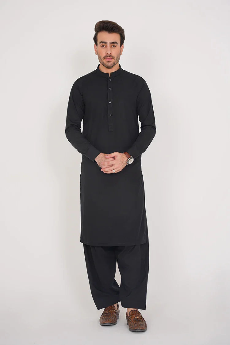 Picture of Black Stitched Stylish Suit with Band Collar and Double Placket - Available at Raja Sahib