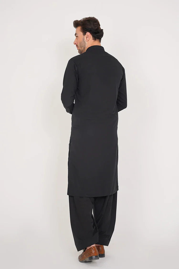 Picture of Black Stitched Stylish Suit with Band Collar and Double Placket - Available at Raja Sahib