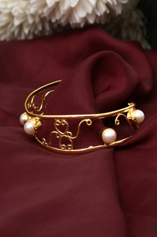 Picture of Zehnaz - Gold-Plated Brass Pearl Filigree Cuff Bangle Elegant Statement Jewelry - Available at Raja Sahib