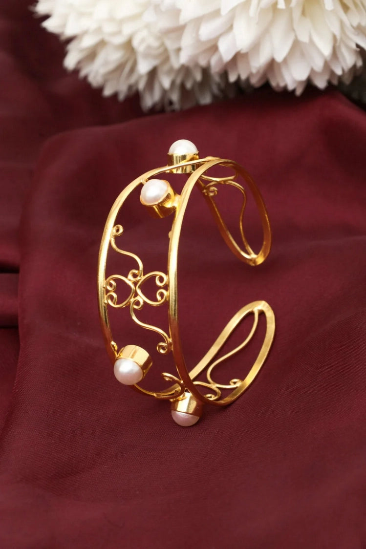 Picture of Zehnaz - Gold-Plated Brass Pearl Filigree Cuff Bangle Elegant Statement Jewelry - Available at Raja Sahib