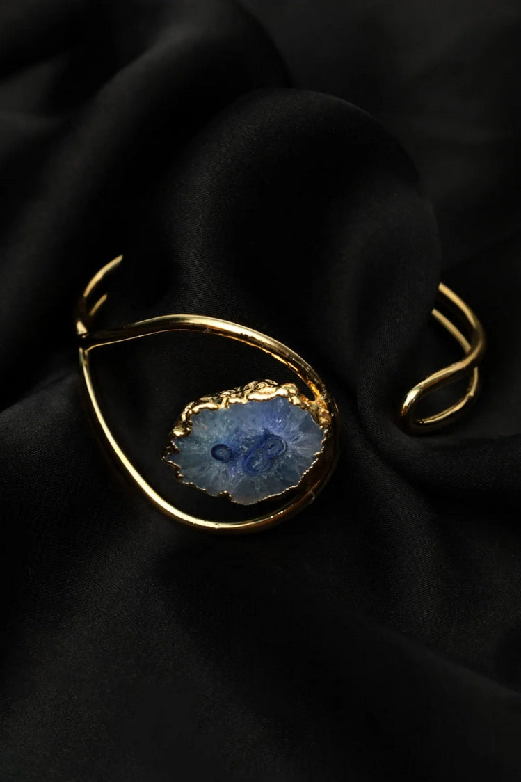 Picture of Zehnaz - Gold-Plated Cuff Bracelet with Blue Agate Geode Stone Statement Jewelry - Available at Raja Sahib