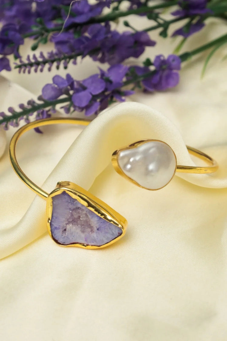 Picture of Zehnaz - Gold-Plated Cuff Bracelet with Purple Stone & Baroque Pearl Boho-Chic Jewelry - Available at Raja Sahib