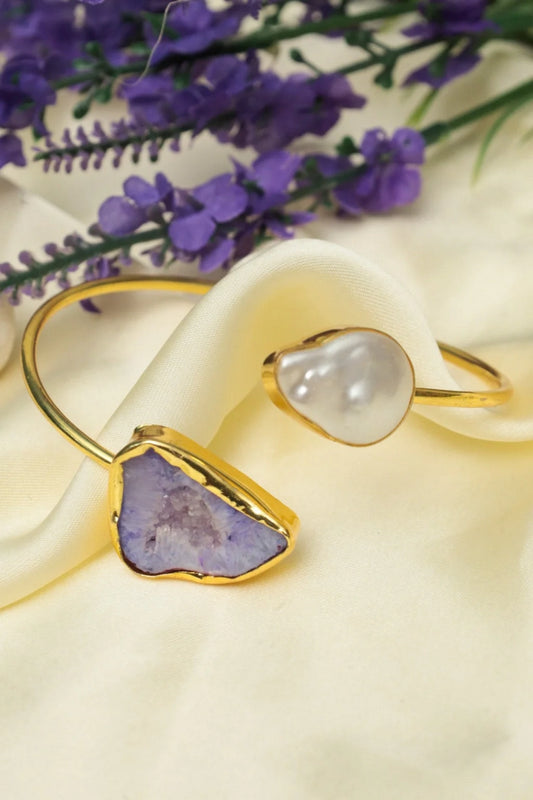Picture of Zehnaz - Gold-Plated Cuff Bracelet with Purple Stone & Baroque Pearl Boho-Chic Jewelry - Available at Raja Sahib