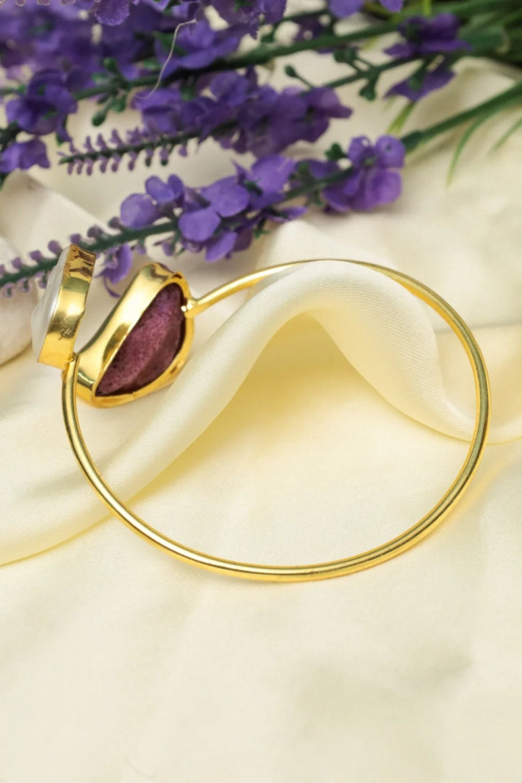 Picture of Zehnaz - Gold-Plated Cuff Bracelet with Purple Stone & Baroque Pearl Boho-Chic Jewelry - Available at Raja Sahib