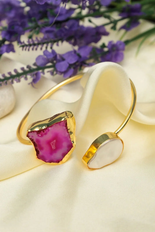 Picture of Zehnaz - Gold-Plated Druzy Agate Cuff Bracelet with Pink & White Stones - Available at Raja Sahib
