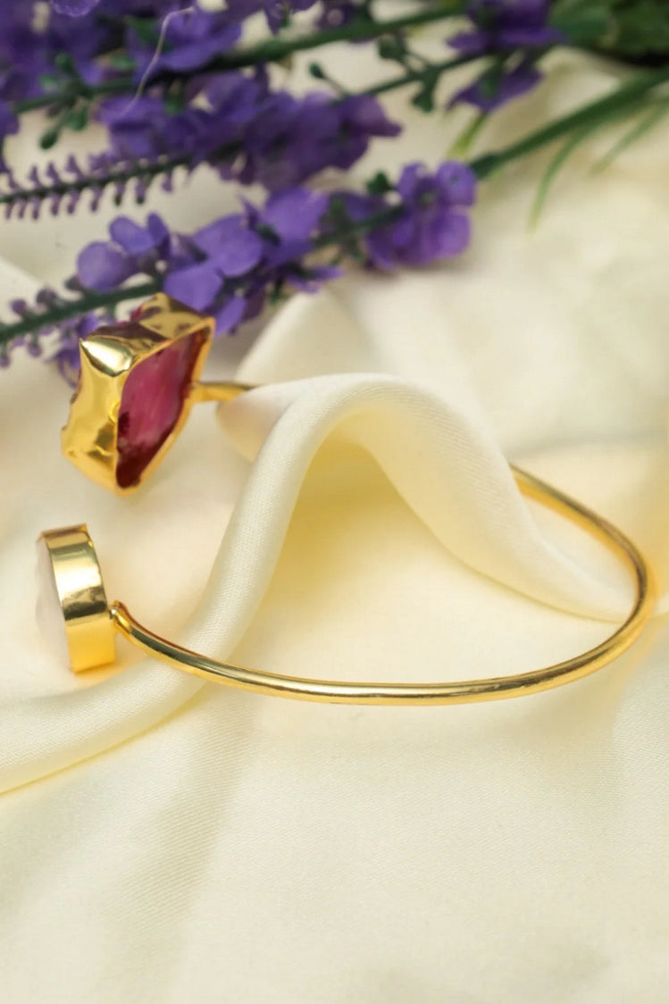 Picture of Zehnaz - Gold-Plated Druzy Agate Cuff Bracelet with Pink & White Stones - Available at Raja Sahib