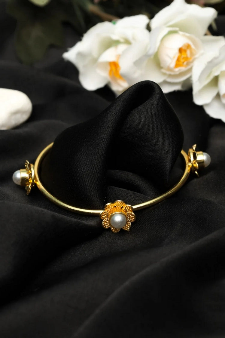 Picture of Zehnaz - Gold-Plated Floral Open Cuff Bracelet with Faux Pearls - Available at Raja Sahib