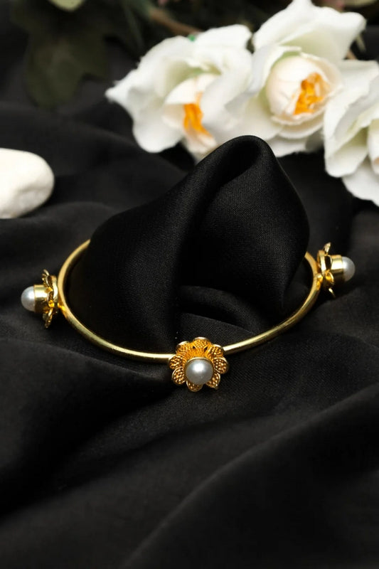 Picture of Zehnaz - Gold-Plated Floral Open Cuff Bracelet with Faux Pearls - Available at Raja Sahib