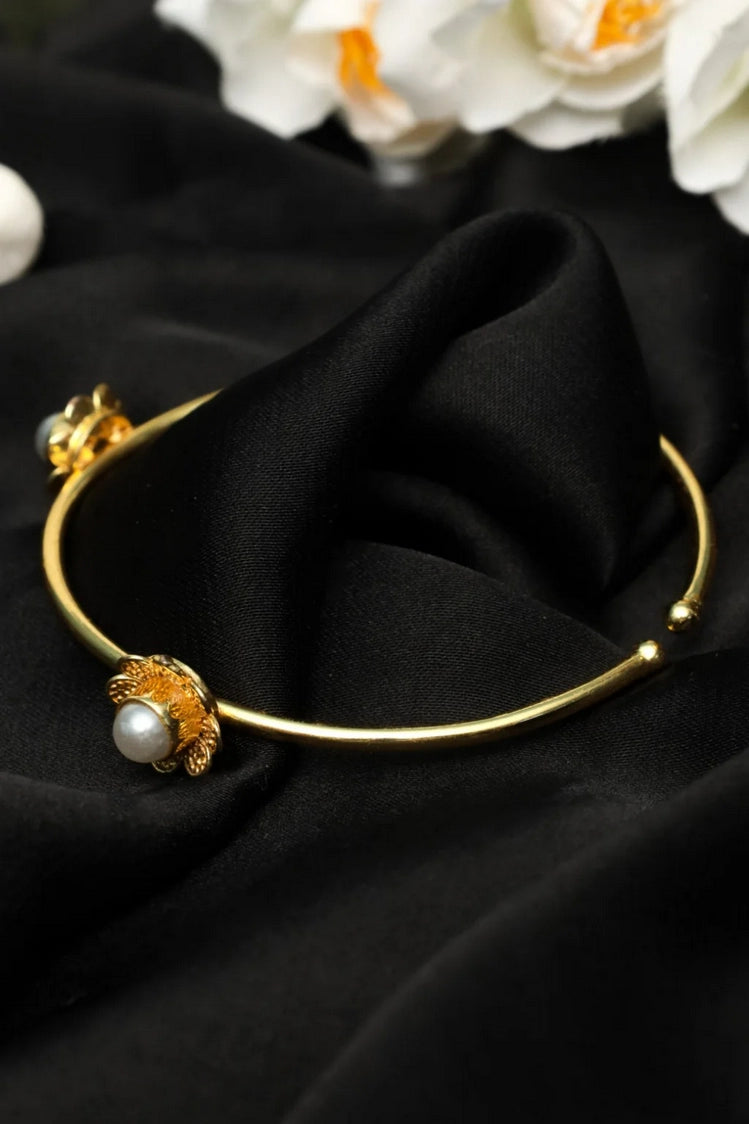 Picture of Zehnaz - Gold-Plated Floral Open Cuff Bracelet with Faux Pearls - Available at Raja Sahib
