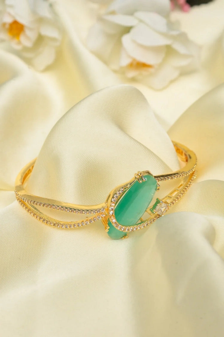 Picture of Zehnaz - Gold-Plated Green Gemstone Open Cuff Bracelet - Available at Raja Sahib
