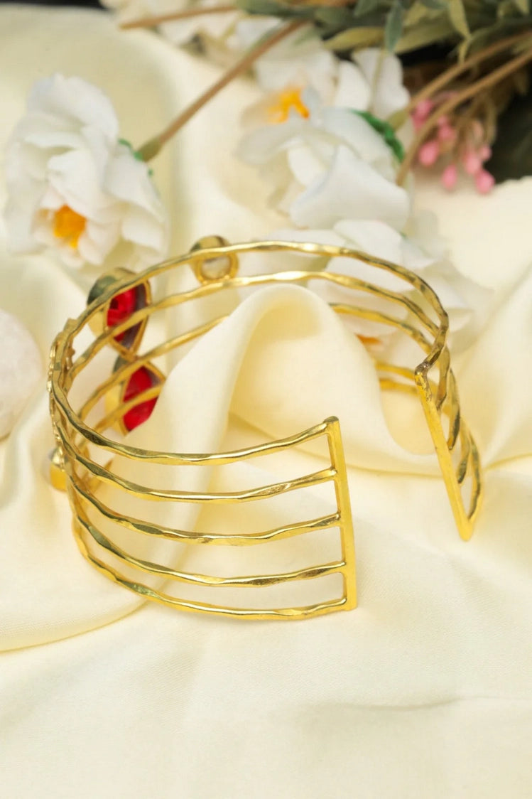 Picture of Zehnaz - Gold-Plated Multi-Band Red Stone & Pearl Cuff Bracelet - Available at Raja Sahib