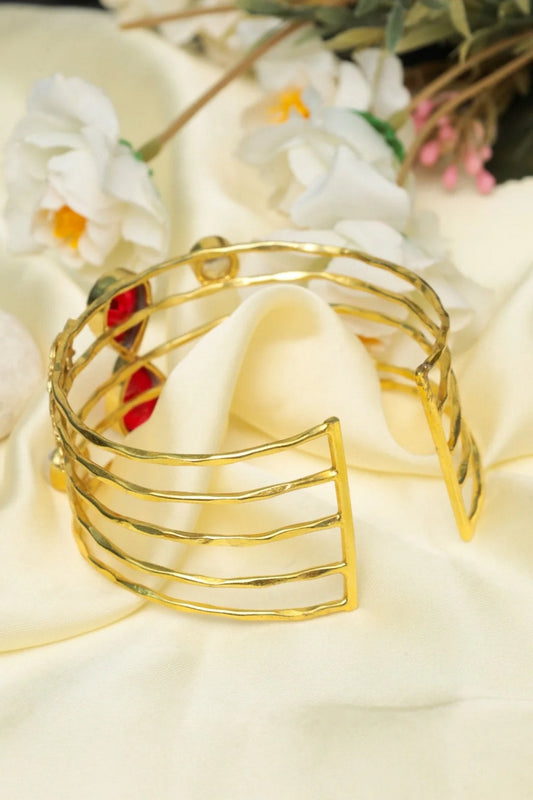 Picture of Zehnaz - Gold-Plated Multi-Band Red Stone & Pearl Cuff Bracelet - Available at Raja Sahib