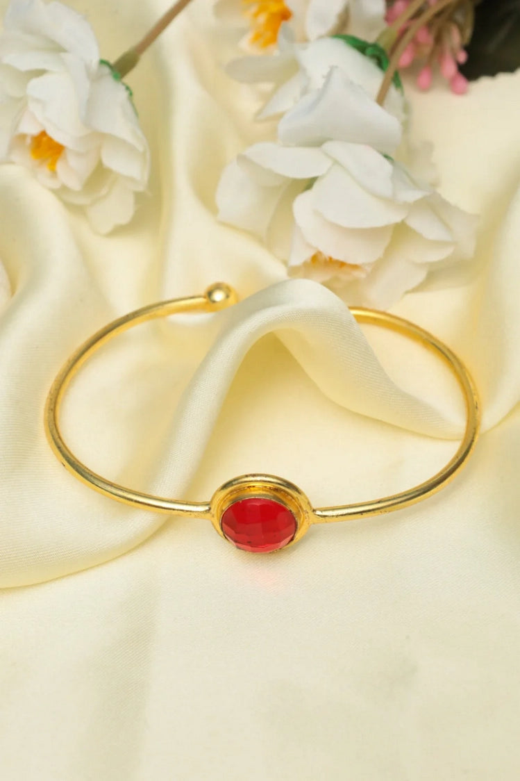 Picture of Zehnaz - Gold-Plated Open Cuff Bracelet with Red Gemstone Elegant Statement Jewelry - Available at Raja Sahib