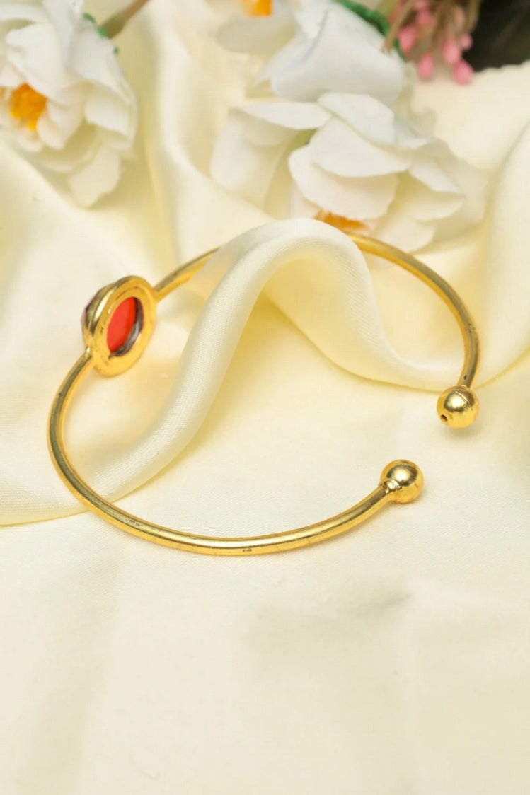 Picture of Zehnaz - Gold-Plated Open Cuff Bracelet with Red Gemstone Elegant Statement Jewelry - Available at Raja Sahib