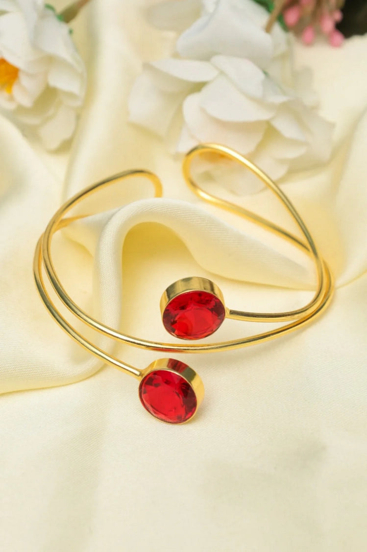 Picture of Zehnaz - Gold-Plated Open Cuff Bracelet with Red Oval Stones Statement Jewelry - Available at Raja Sahib