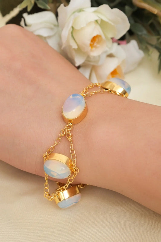 Picture of Zehnaz - Gold-Plated Oval Opal & Moonstone Link Bracelet - Available at Raja Sahib