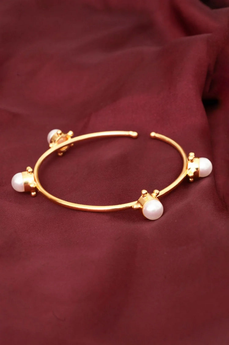 Picture of Zehnaz - Gold-Plated Pearl Jewelry Set Bangle, Ring & Stud Earrings - Available at Raja Sahib
