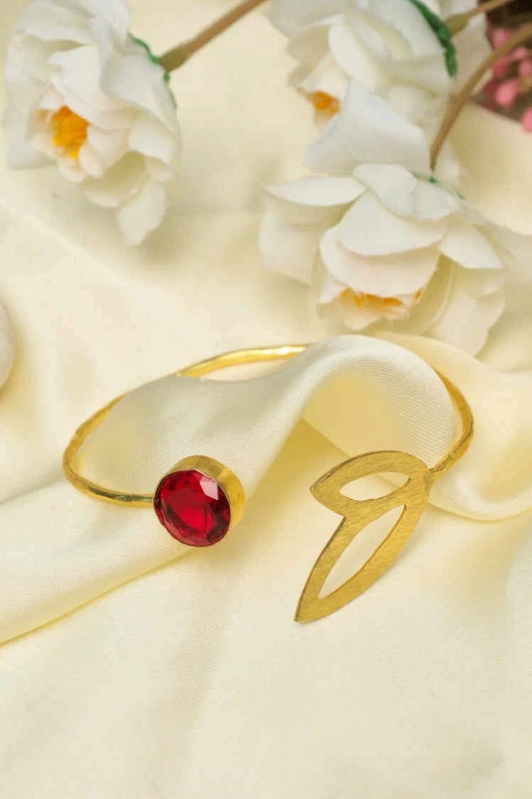 Picture of Zehnaz - Gold-Plated Ruby Red Quartz Leaf Cuff Bracelet - Available at Raja Sahib
