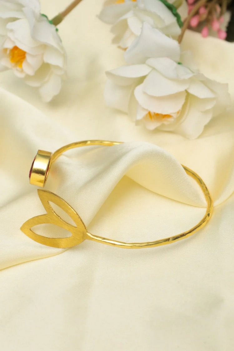Picture of Zehnaz - Gold-Plated Ruby Red Quartz Leaf Cuff Bracelet - Available at Raja Sahib