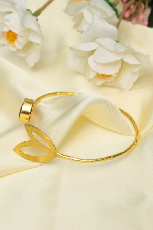 Picture of Zehnaz - Gold-Plated Ruby Red Quartz Leaf Cuff Bracelet - Available at Raja Sahib