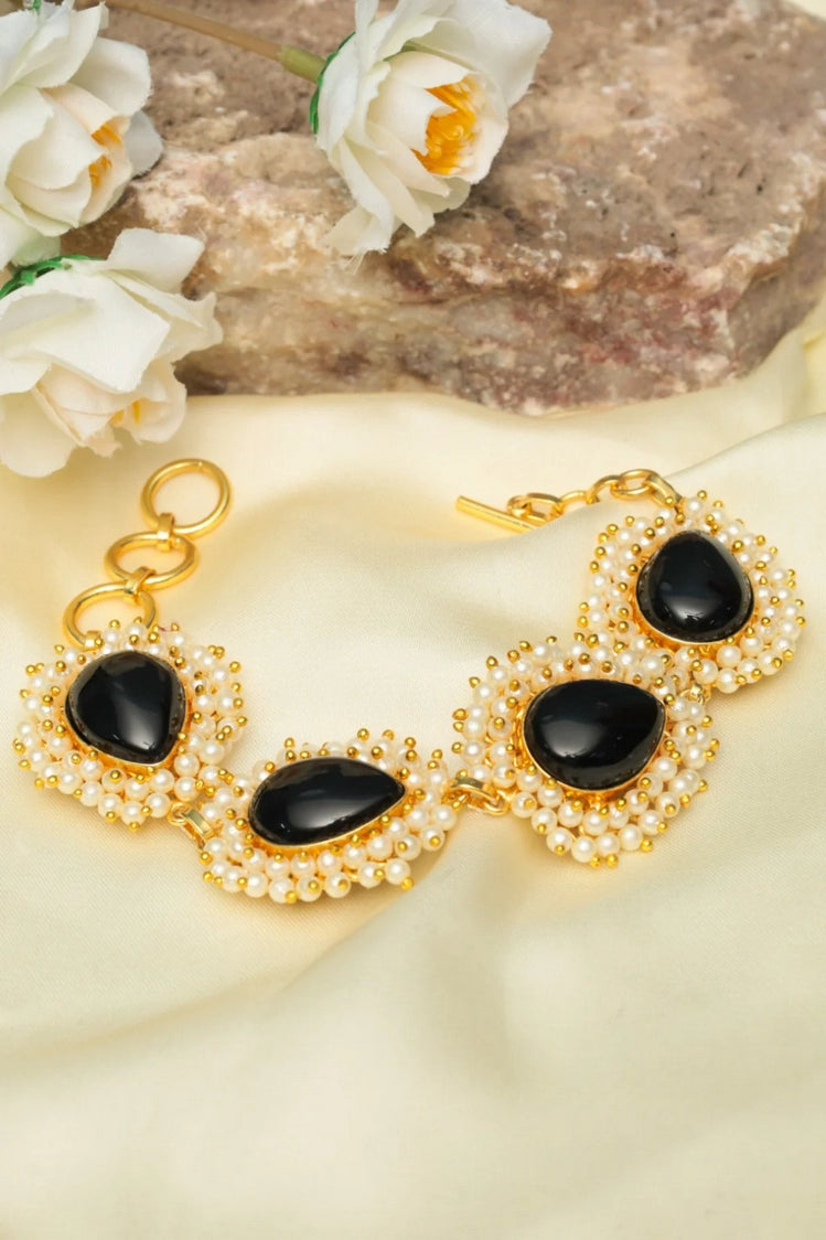 Picture of Zehnaz - Gold-Tone Black Stone & Pearl Cluster Bracelet Ethnic Statement Jewelry - Available at Raja Sahib