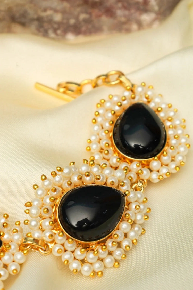 Picture of Zehnaz - Gold-Tone Black Stone & Pearl Cluster Bracelet Ethnic Statement Jewelry - Available at Raja Sahib