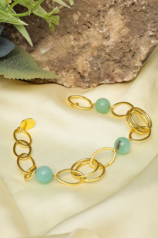 Picture of Zehnaz - Gold-Tone Chunky Oval Link Bracelet with Green Gemstone Beads - Available at Raja Sahib
