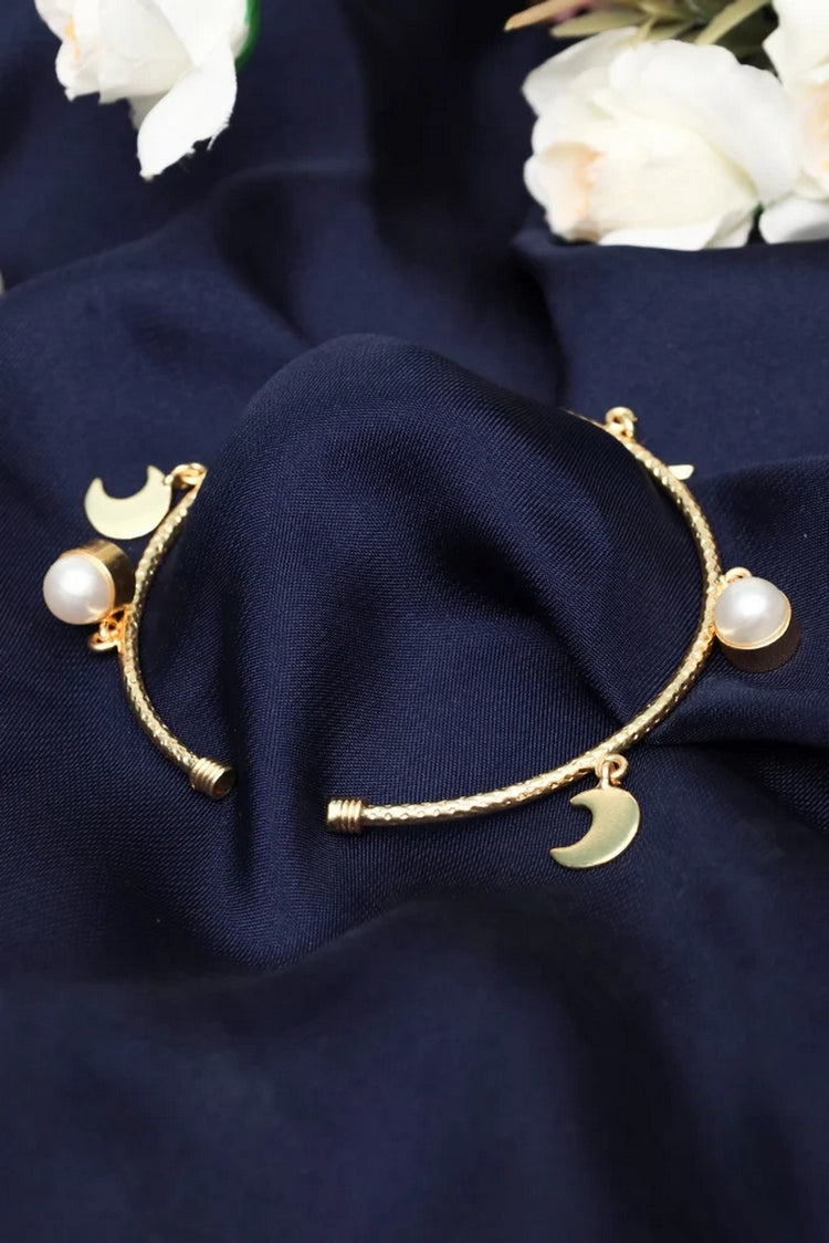 Picture of Zehnaz - Gold Tone Crescent Moon and Pearl Open Cuff Bracelet - Available at Raja Sahib