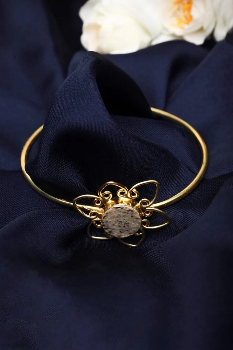 Picture of Zehnaz - Gold Plated Floral Cuff Bracelet with Black & White Marbled Stone - Available at Raja Sahib