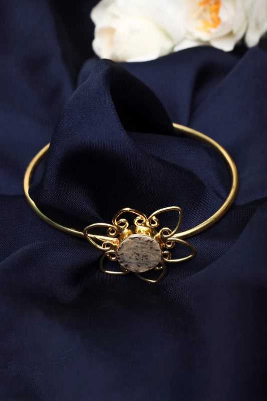 Picture of Zehnaz - Gold Plated Floral Cuff Bracelet with Black & White Marbled Stone - Available at Raja Sahib