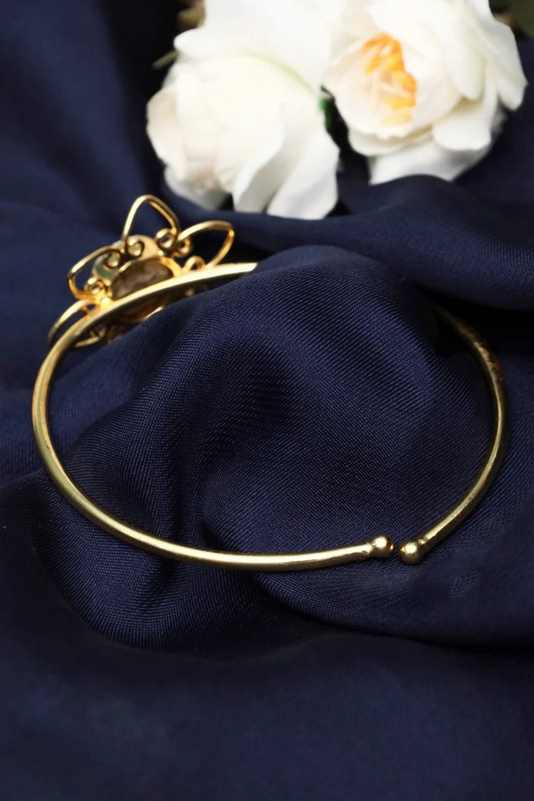 Picture of Zehnaz - Gold Plated Floral Cuff Bracelet with Black & White Marbled Stone - Available at Raja Sahib
