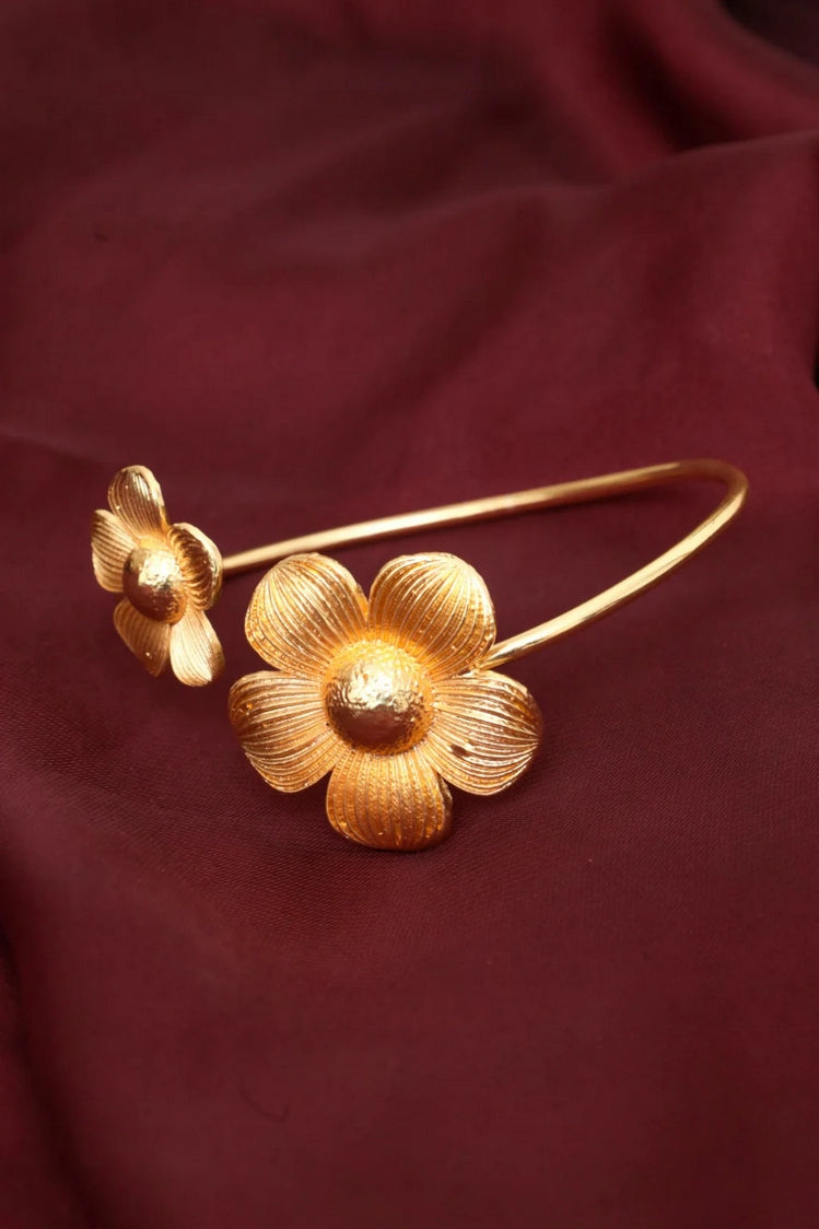 Picture of Zehnaz - Gold Tone Floral Open Cuff Bangle Bracelet - Available at Raja Sahib