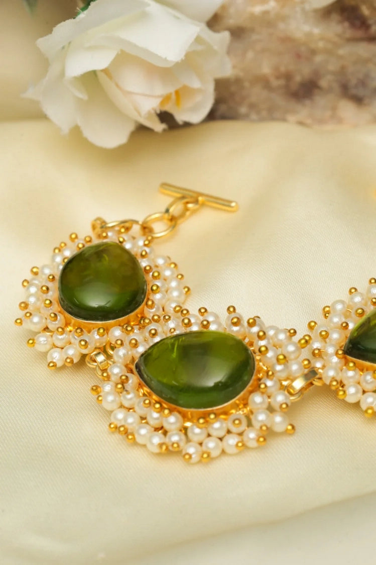 Picture of Zehnaz - Gold Kundan Green Stone & Pearl Bracelet - Available at Raja Sahib