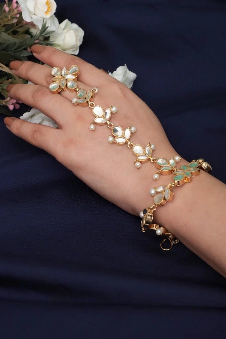 Picture of Zehnaz - Gold Kundan Haath Phool Hand Harness - Available at Raja Sahib