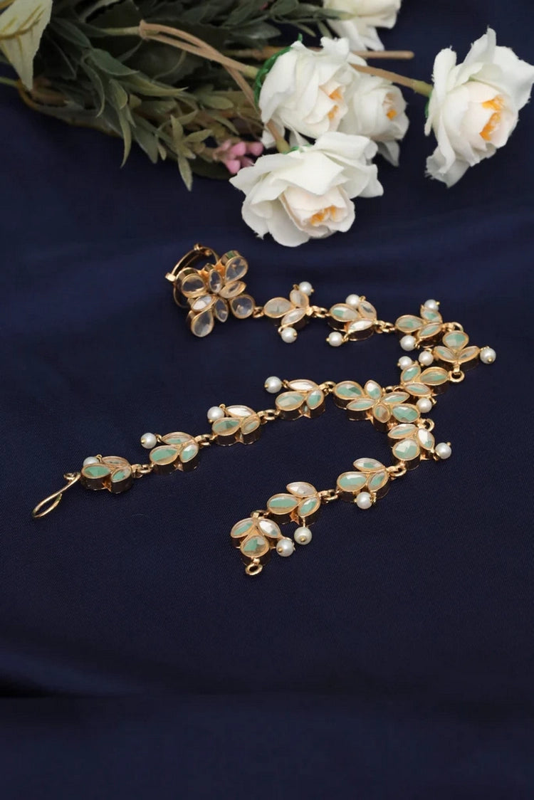 Picture of Zehnaz - Gold Kundan Haath Phool Hand Harness - Available at Raja Sahib