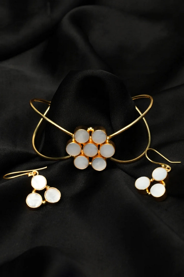 Picture of Zehnaz - Gold-Tone Mother-of-Pearl Open Cuff Bracelet & Drop Earrings Set Elegant Floral Jewelry - Available at Raja Sahib