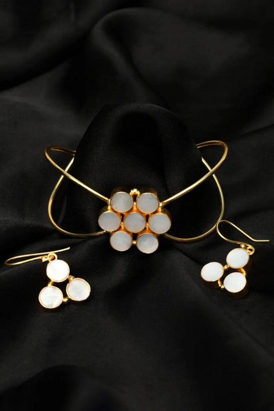 Picture of Zehnaz - Gold-Tone Mother-of-Pearl Open Cuff Bracelet & Drop Earrings Set Elegant Floral Jewelry - Available at Raja Sahib