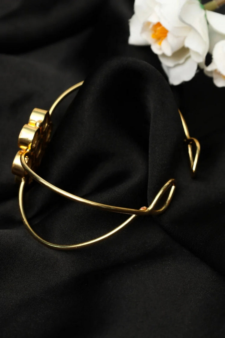 Picture of Zehnaz - Gold-Tone Mother-of-Pearl Open Cuff Bracelet & Drop Earrings Set Elegant Floral Jewelry - Available at Raja Sahib