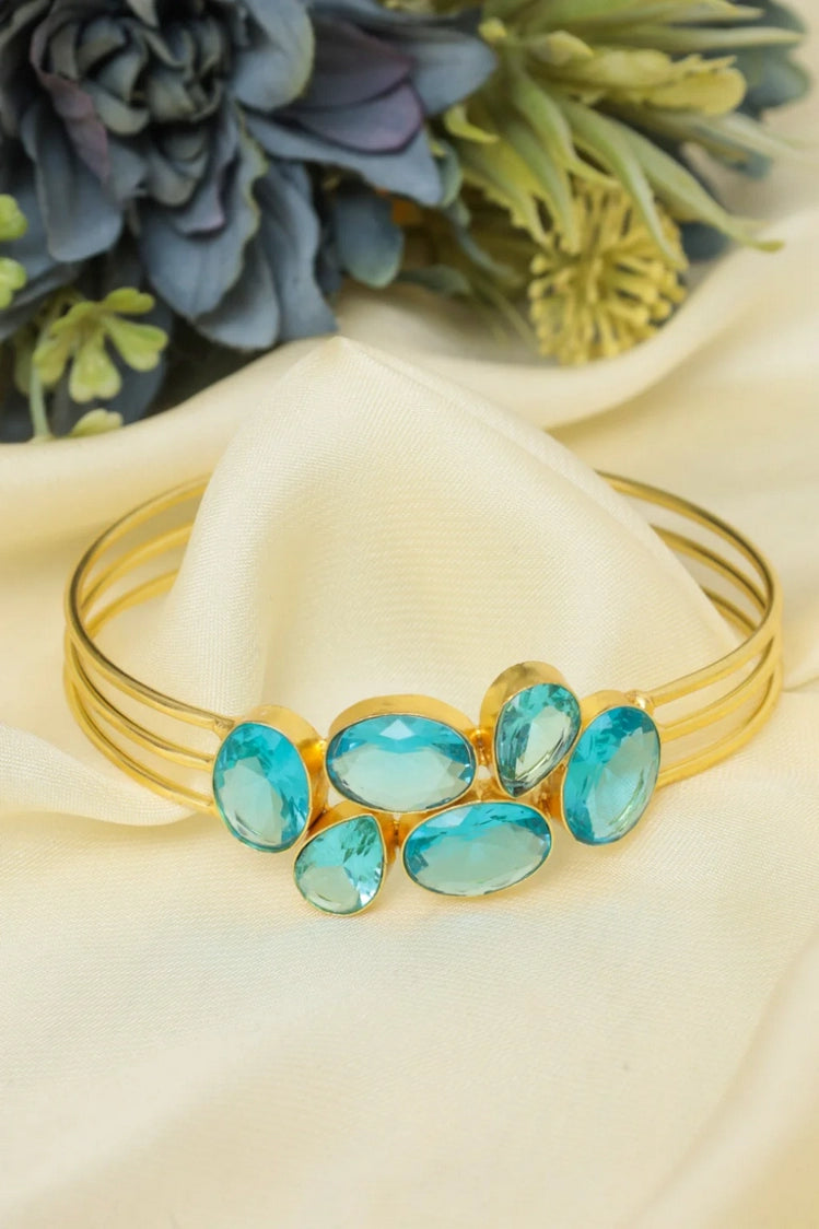 Picture of Zehnaz - Gold-Tone Multi-Band Cuff Bracelet with Blue Gemstones - Available at Raja Sahib