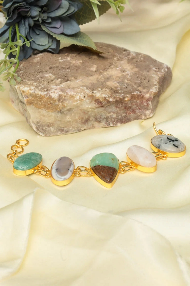 Picture of Zehnaz - Gold-Tone Natural Multi-Gemstone Bezel Link Bracelet Amazonite & Quartz - Available at Raja Sahib