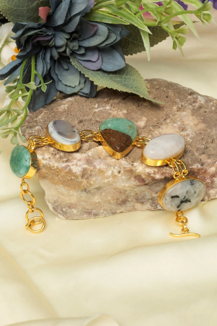 Picture of Zehnaz - Gold-Tone Natural Multi-Gemstone Bezel Link Bracelet Amazonite & Quartz - Available at Raja Sahib
