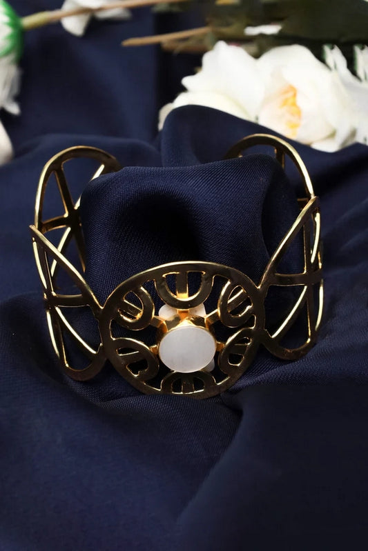 Picture of Zehnaz - Gold-Tone Open Cuff Bangle with Mother-of-Pearl Stone Filigree Adjustable Bracelet - Available at Raja Sahib