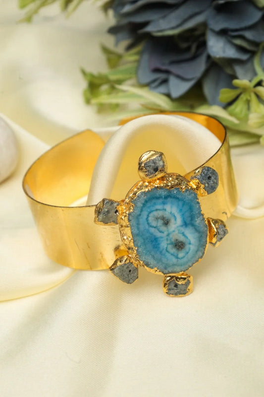 Picture of Zehnaz - Gold-Tone Open Cuff Bracelet with Blue Druzy Turtle Stone Bohemian Statement - Available at Raja Sahib