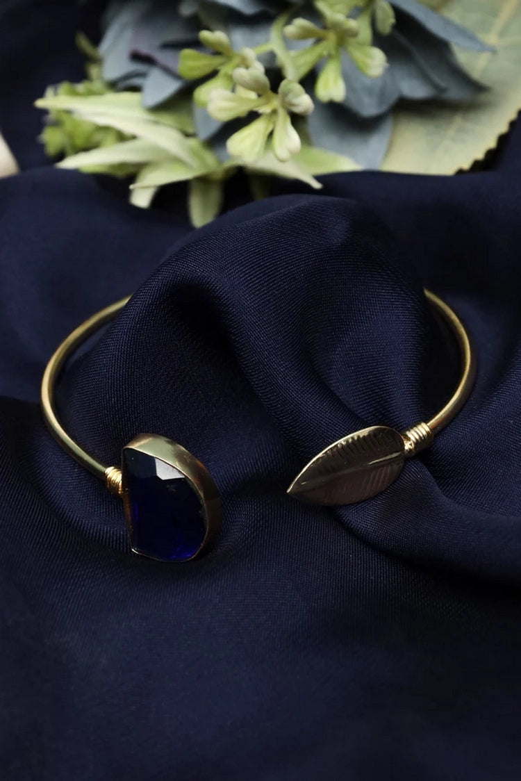 Picture of Zehnaz - Gold-Tone Open Cuff Bracelet with Blue Stone & Leaf Motif Nature-Inspired Statement - Available at Raja Sahib