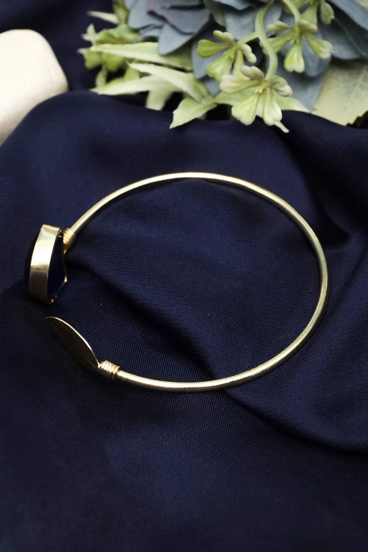 Picture of Zehnaz - Gold-Tone Open Cuff Bracelet with Blue Stone & Leaf Motif Nature-Inspired Statement - Available at Raja Sahib