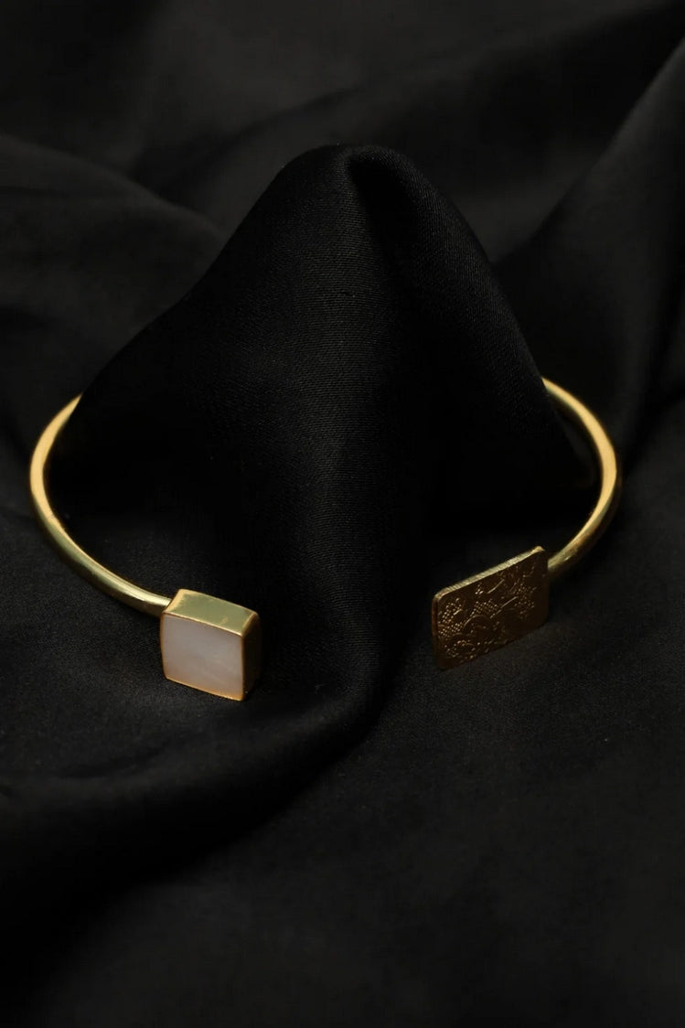 Picture of Zehnaz - Gold-Tone Open Cuff Bracelet with White Stone & Engraved Detail Modern Minimalist - Available at Raja Sahib