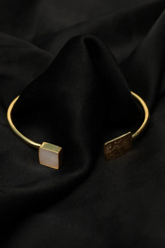 Picture of Zehnaz - Gold-Tone Open Cuff Bracelet with White Stone & Engraved Detail Modern Minimalist - Available at Raja Sahib