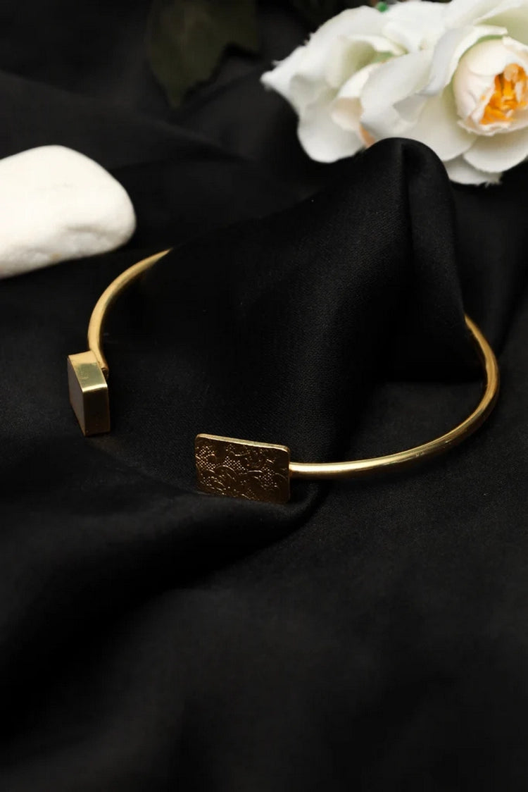Picture of Zehnaz - Gold-Tone Open Cuff Bracelet with White Stone & Engraved Detail Modern Minimalist - Available at Raja Sahib
