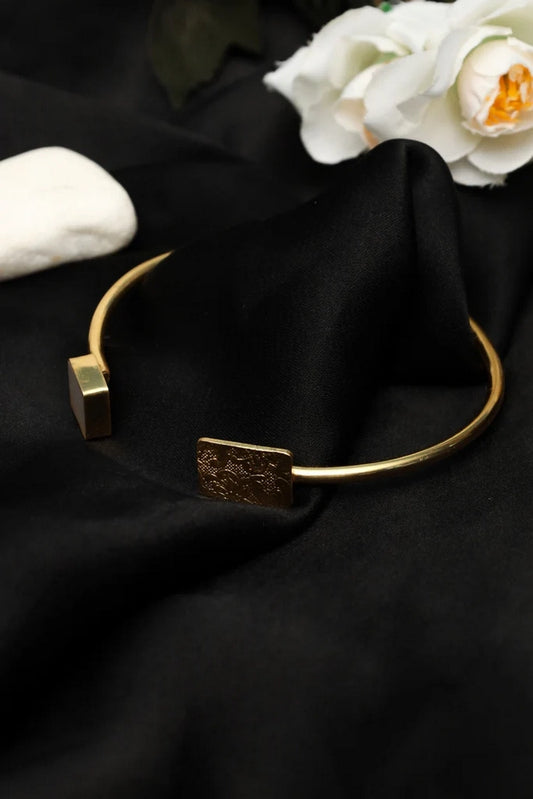 Picture of Zehnaz - Gold-Tone Open Cuff Bracelet with White Stone & Engraved Detail Modern Minimalist - Available at Raja Sahib